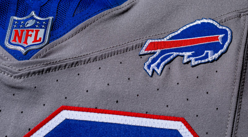 Buffalo Bills logo embroidered on a football jersey