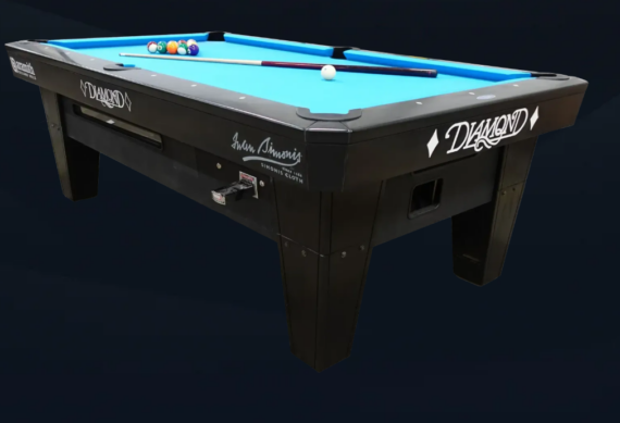 Diamond pool table with blue cloth, billiard balls, and a cue
