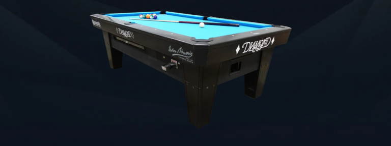 Diamond pool table with blue cloth, billiard balls, and a cue
