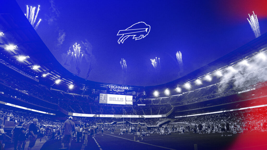 Buffalo Bills stadium with fireworks and a white Bills logo