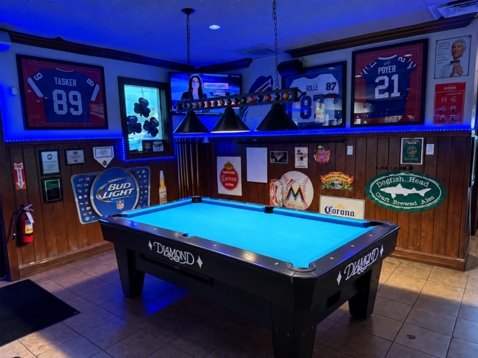 Diamond pool table with blue felt at Packy's Sports Pub in Lighthouse Point
